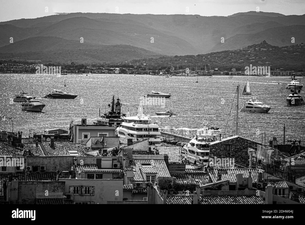 Aerial view over the city of Saint Tropez historic district ST TROPEZ, FRANCE JULY 13, 2020