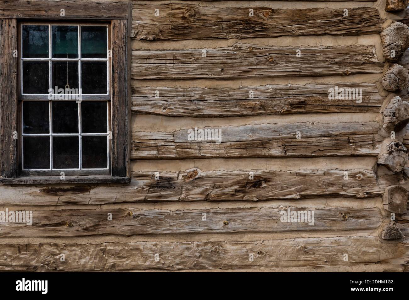 Window and logs of the Maltese Cross Cabin form an American Flag composition; this is where Theodore Roosevelt recovered from tragedies in his life, i Stock Photo