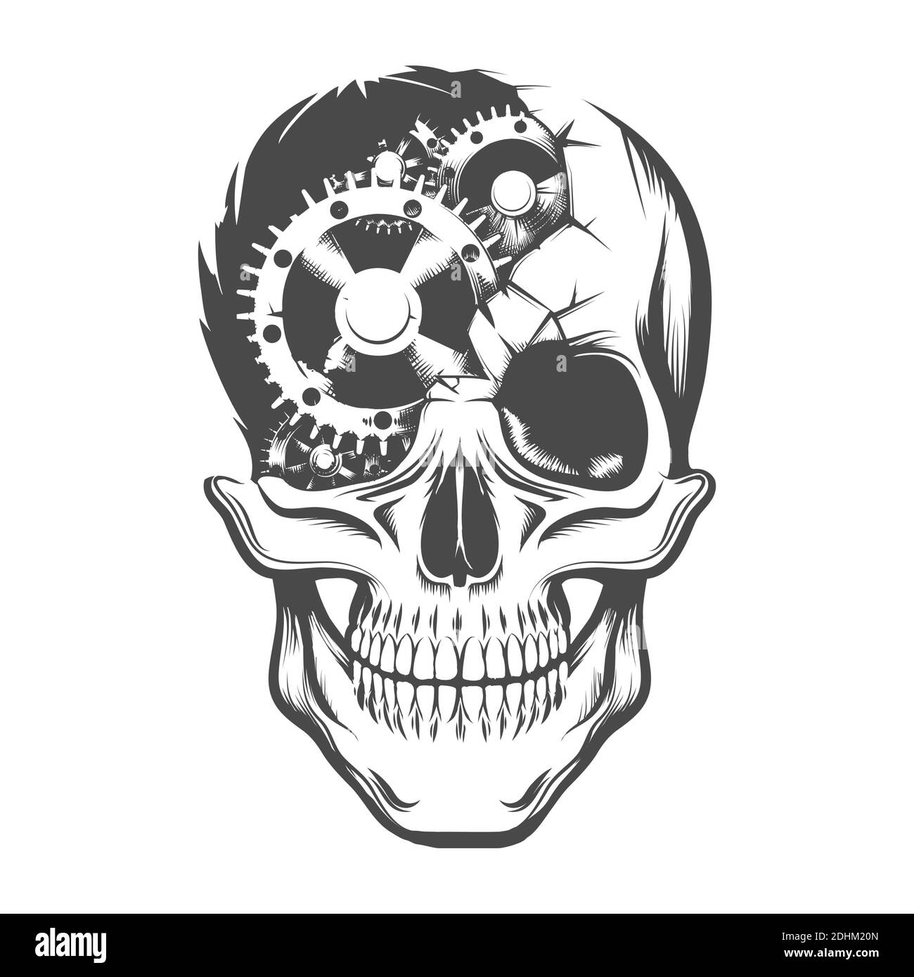Tattoo of Human Skull with broken Clockwork Gears Inside. Vector illustration. Stock Vector