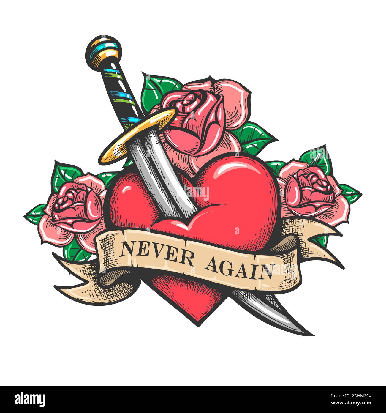 Heart pierced by dagger. Retro tattoo. Heart and ribbon with wording never Again. Vector illustration Stock Vector