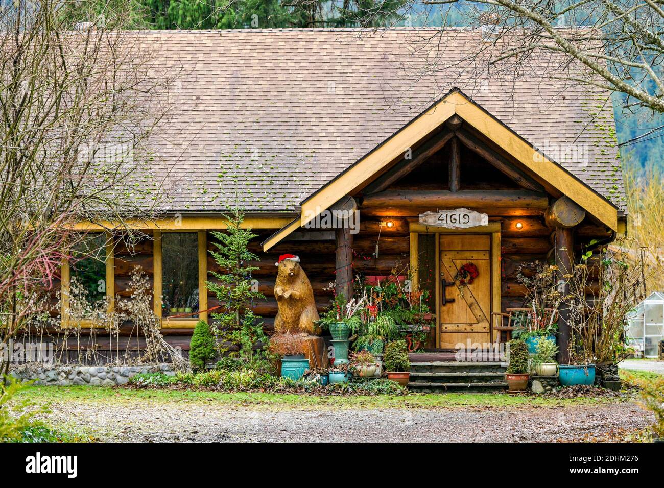 Carved wood beaver outside, Log cabin, Brackendale, Squamish, British