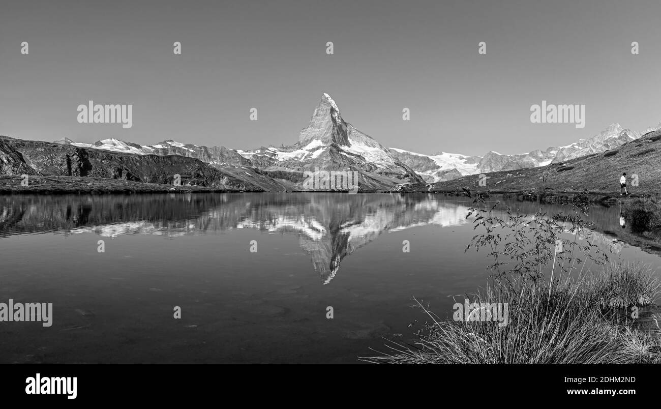 Sunset  view on Bernese range above Bachalpsee lake. Popular tourist attraction. Location place Swiss alps, Grindelwald valley, Europe. Stock Photo