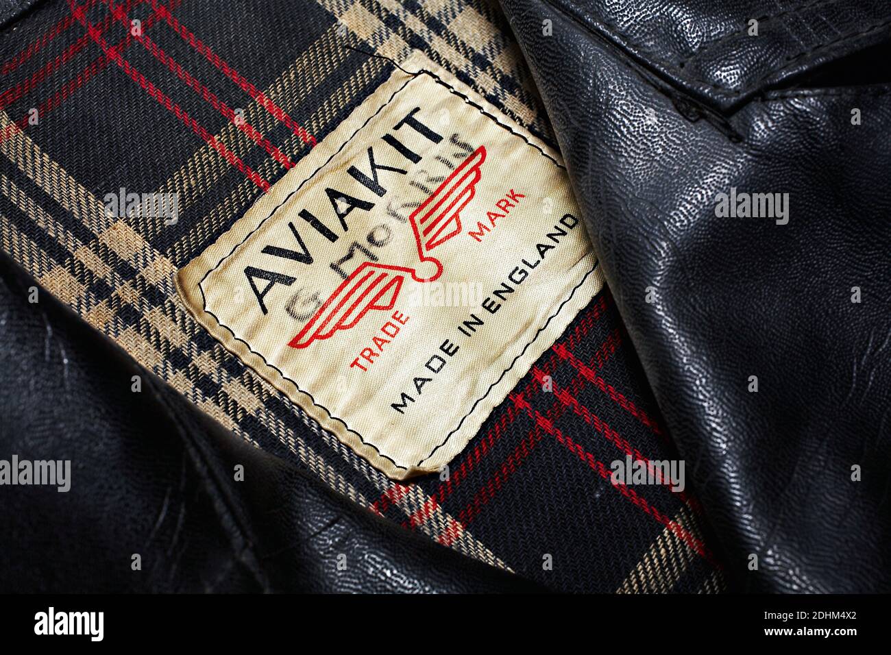 United Kingdom /London / Best of British/ Lewis Leathers / Makers of motorcycle clothing/Early 1960s Aviakit label in a Lewis Leathers jacket. © Horst Stock Photo