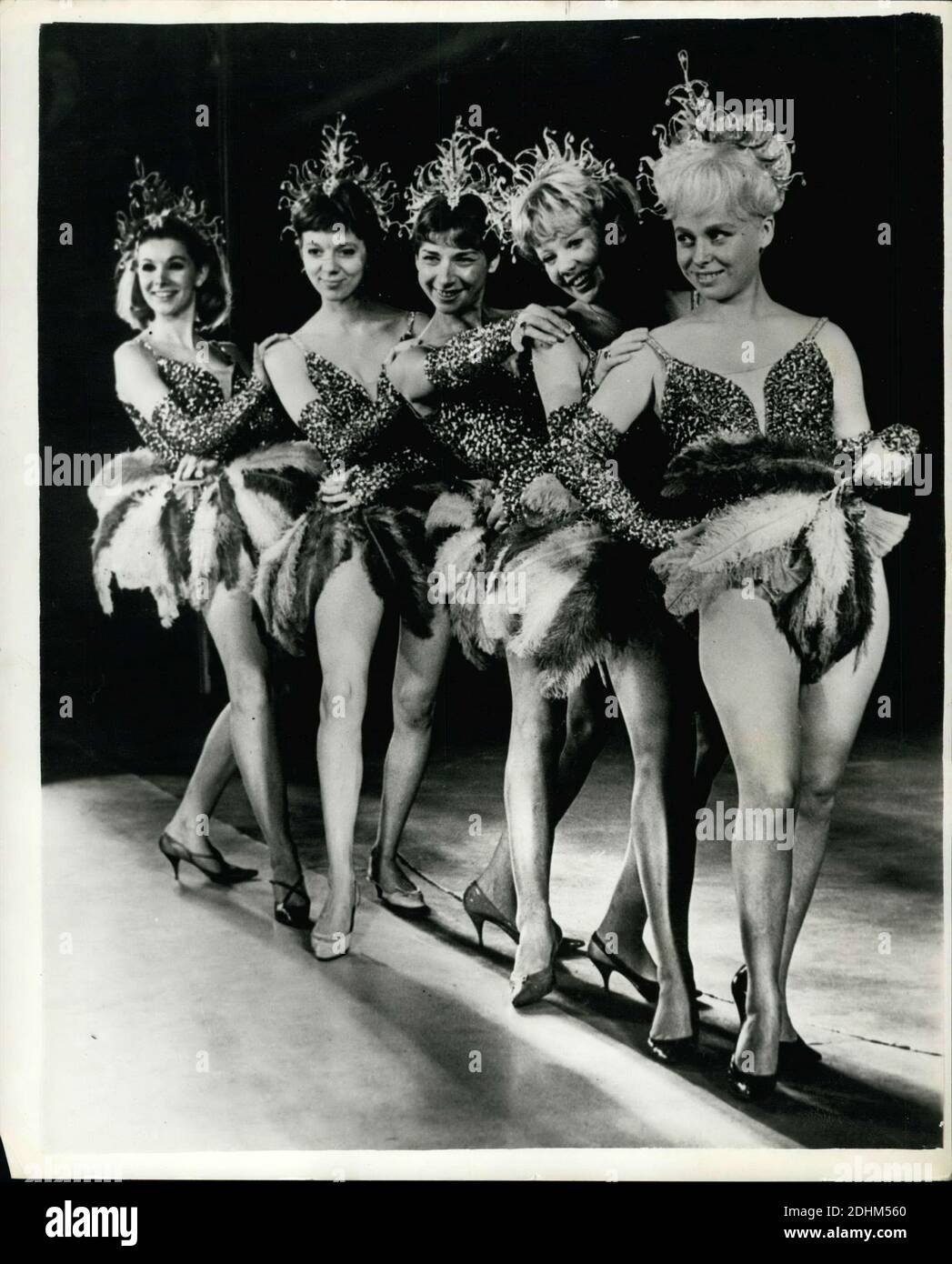 Jul. 06, 1964 - Actresses turn chorus girls for big charity show at the London Palladium: Famous actresses turned chorus girls at the London Palladium yesterday for the first rehearsals of this year's Night of 100 stars'' which will be held at midnight on July 23 in aid of theatrical charities. All the stars are doing acts far removed from their normal performances. Photo shows the actresses turned chorus girls rehearsing for the show are (L to R) Susan Hampshire, Anna Massey, Miriam Karlin, Hayley Mills, and Barbara Windsor. (Credit Image: © Keystone Pictures USA/ZUMAPRESS.com) Stock Photo