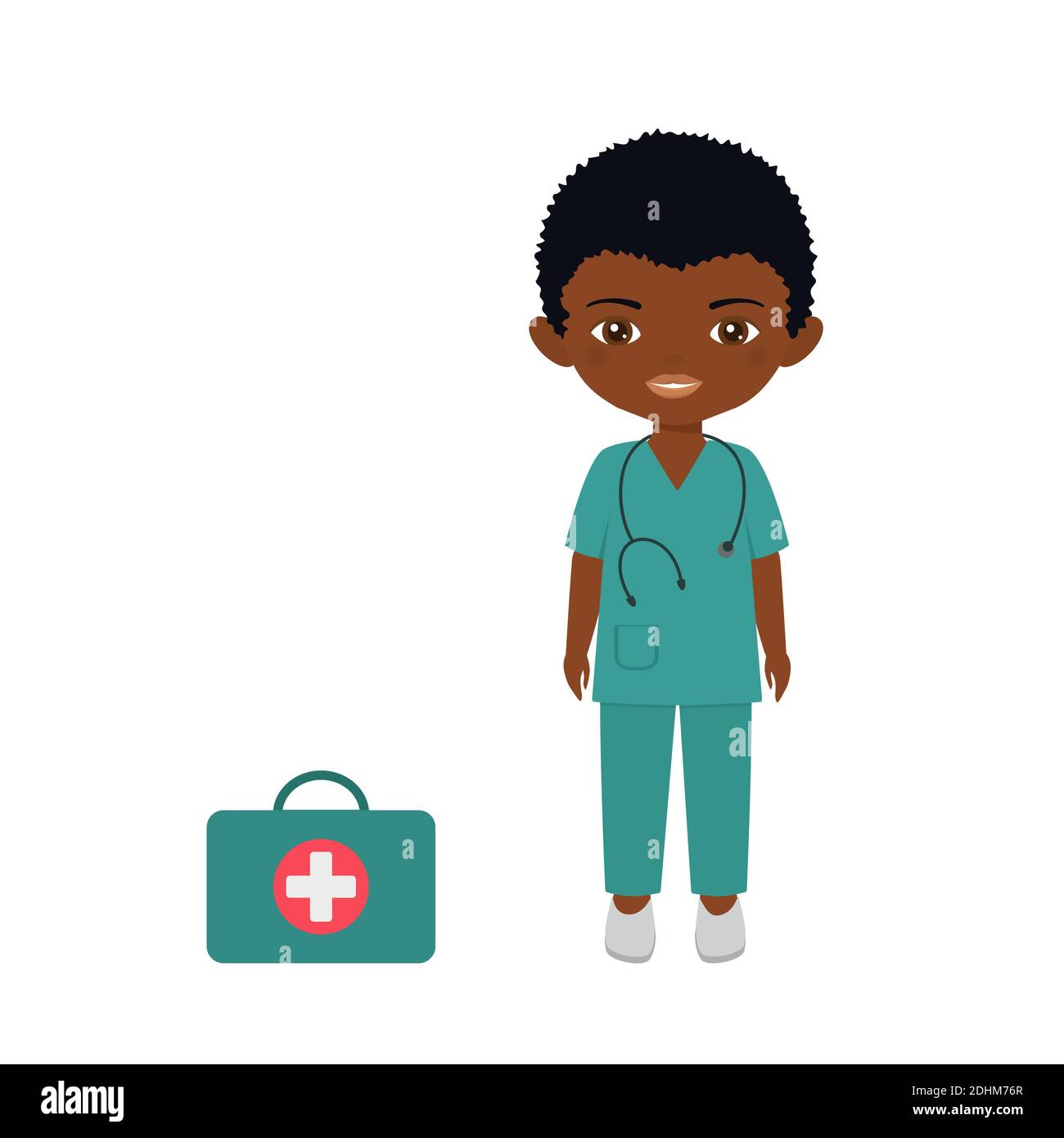 Cute chibi boy character in medical suit. Isolated on white background. Professions for children . Flat cartoon style. Vector illustration Stock Photo