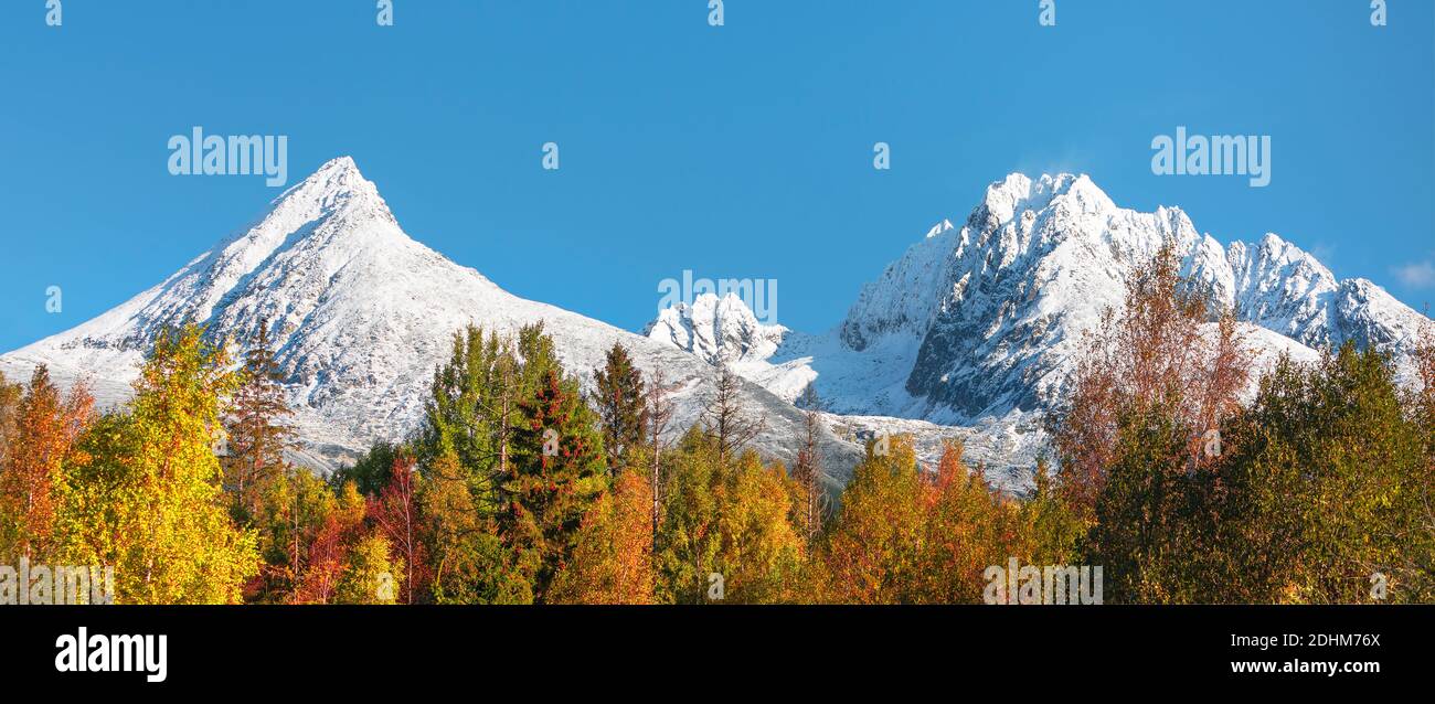 National park and Koncista peak (2494m) symbol peak of Slovakia in High Tatras mountains, Slovakia Stock Photo