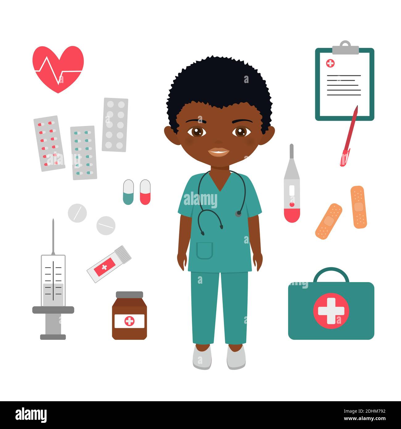 Cute chibi boy character in medical suit. Medical pharmaceutical, big set of medical products. Professions for children, Vector illustration Stock Photo