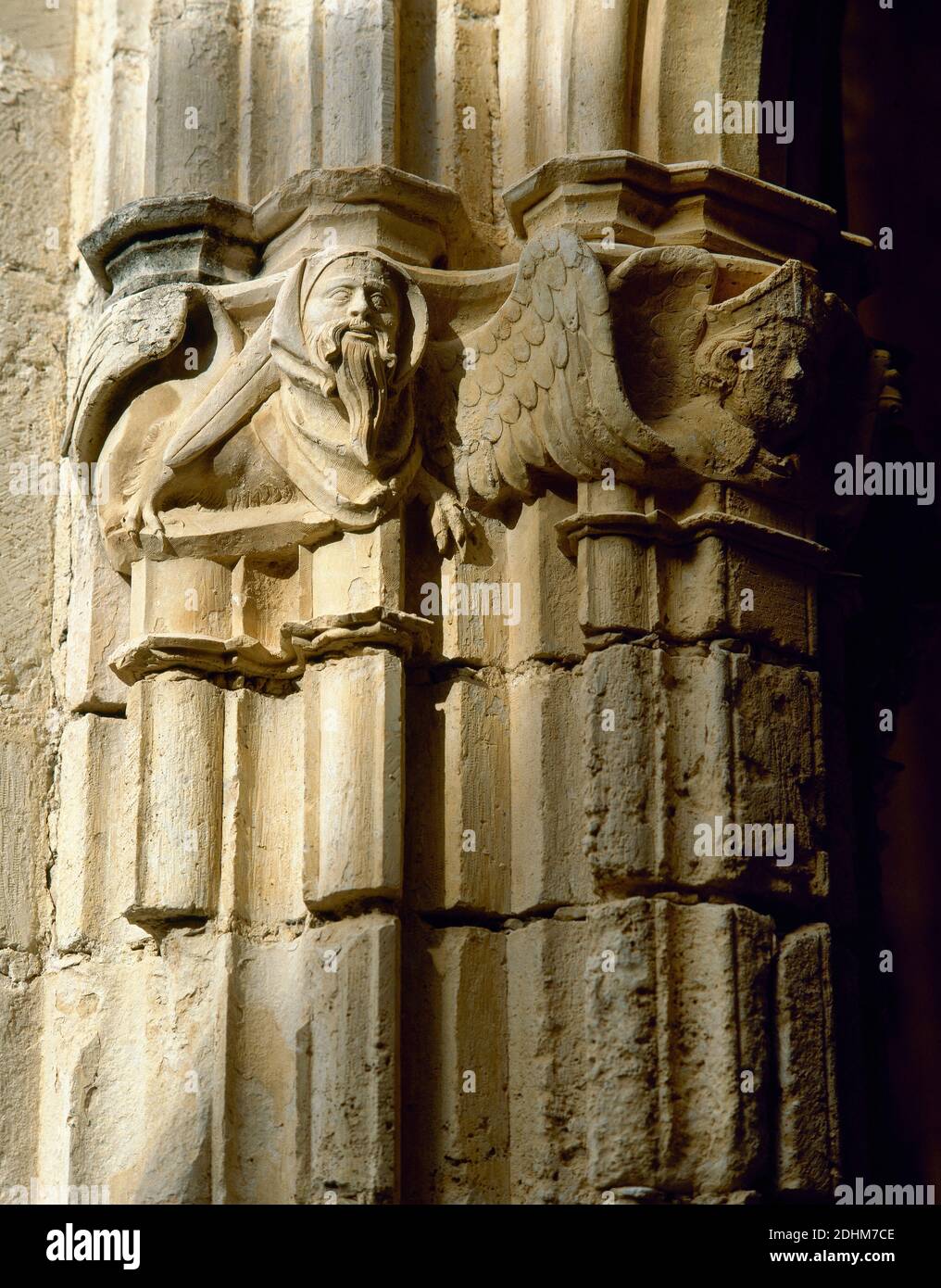 Spain, Catalonia, Tarragona province, Aiguamúrcia. Monastery of Santes Creus. Former Cistercian monastery. Gothic cloister, designed by Reynard of Fonoll, whose work was continued by his disciple Guillem de Seguer. Architectural detail of an ornamented capital with animal and human figures. Stock Photo