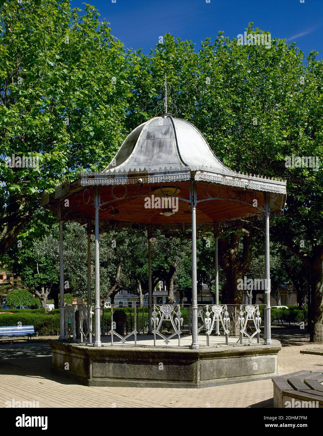 Spain, Galicia, Lugo province, Ribadeo. Music kiosk (1903). Medal square. Stock Photo