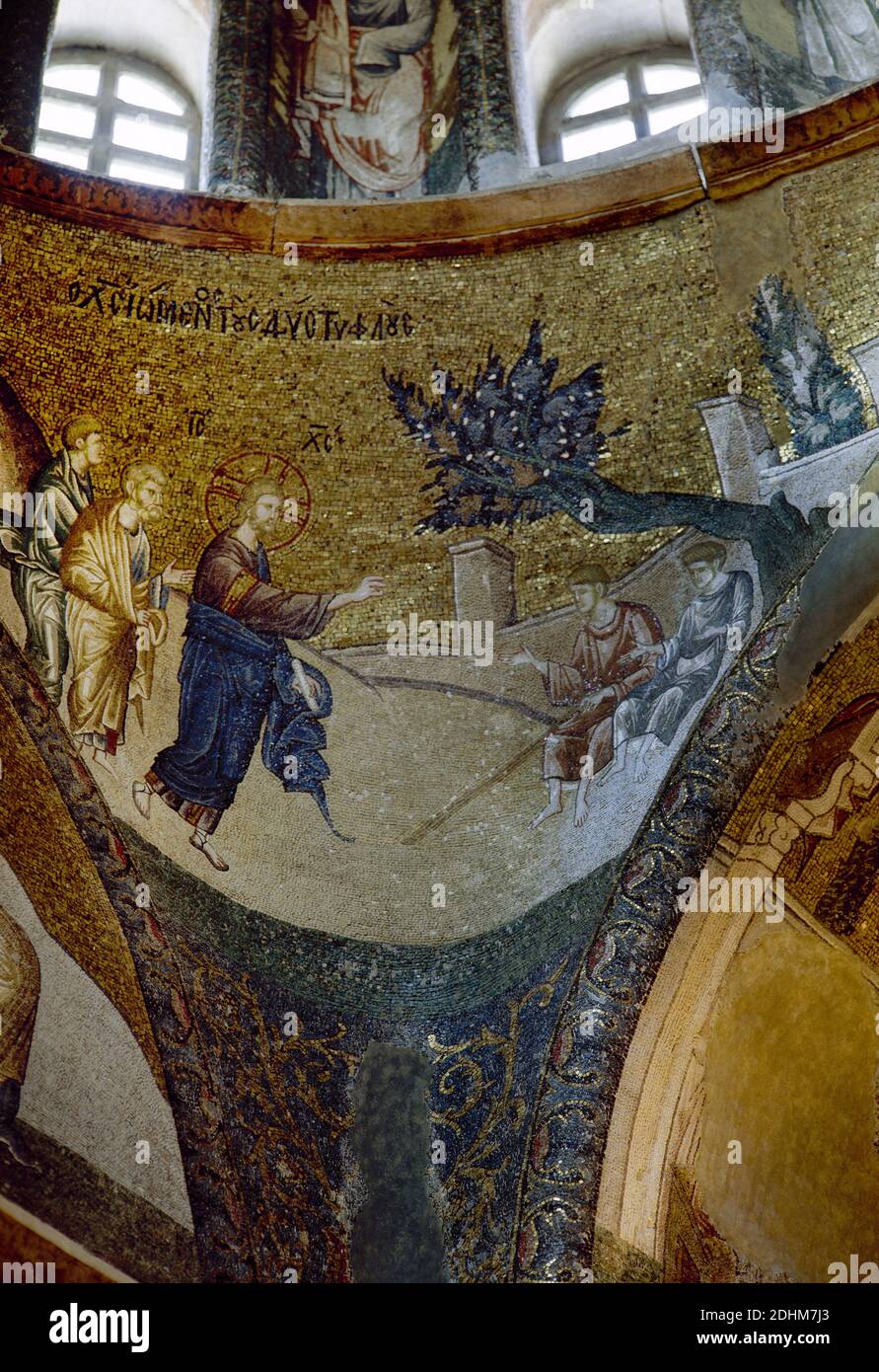 Turkey, Istanbul. Church of the Holy Saviour in Chora. Byzantine style. Inner Narthex Mosaic, 14th century. Christ Healing Two Blind Men. Stock Photo