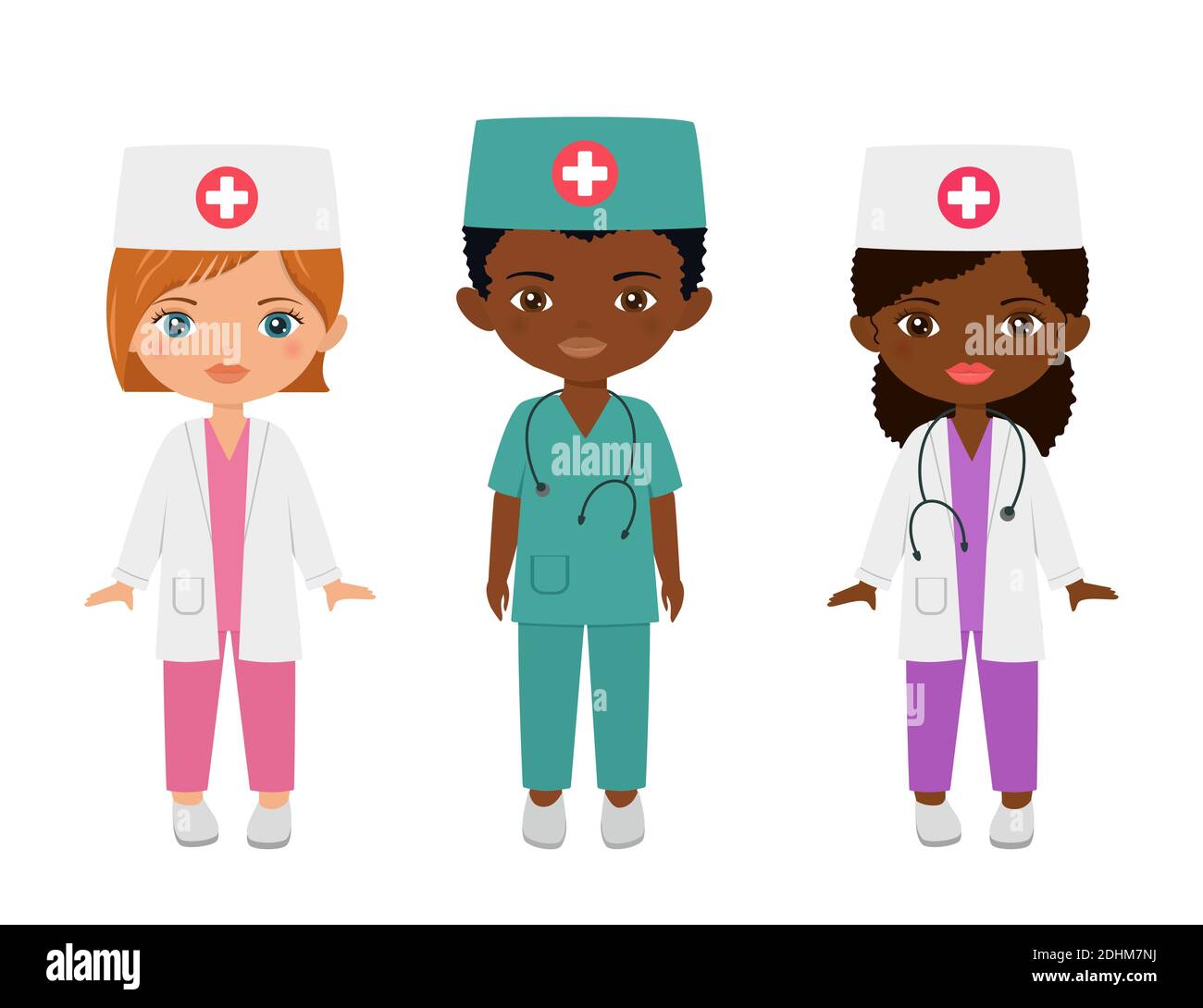 Cute chibi characters in medical suits. Isolated on white background. Professions for children . Flat cartoon style. Vector illustration Stock Photo