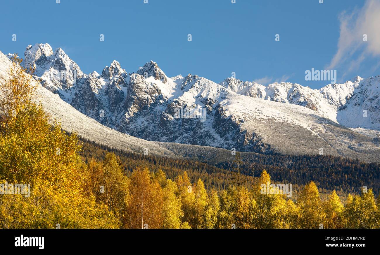 National park and Koncista peak (2494m) symbol peak of Slovakia in High Tatras mountains, Slovakia Stock Photo