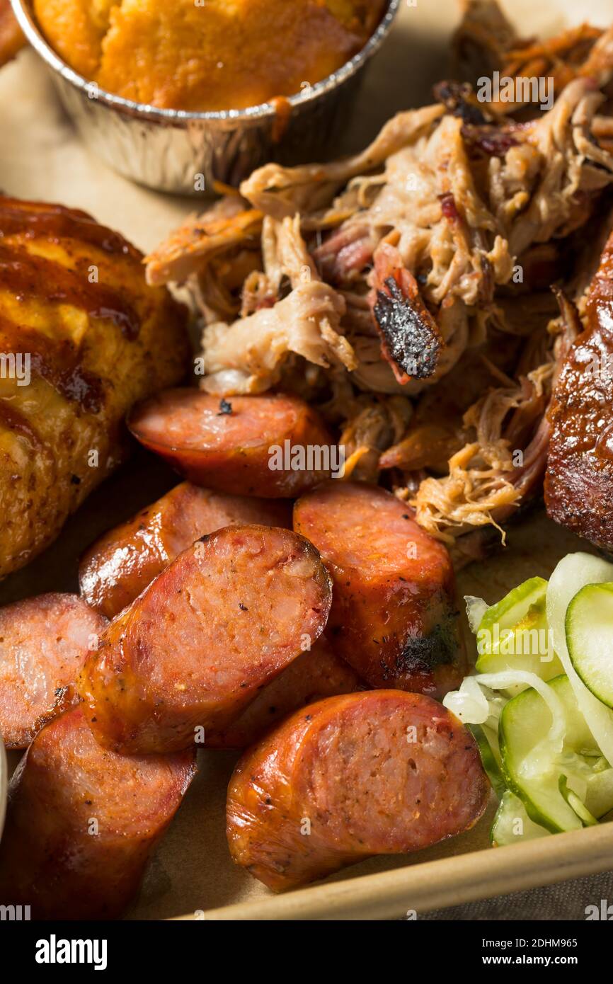 Homemade Barbecue Platter with Ribs Chicken Brisket and Pulled Pork