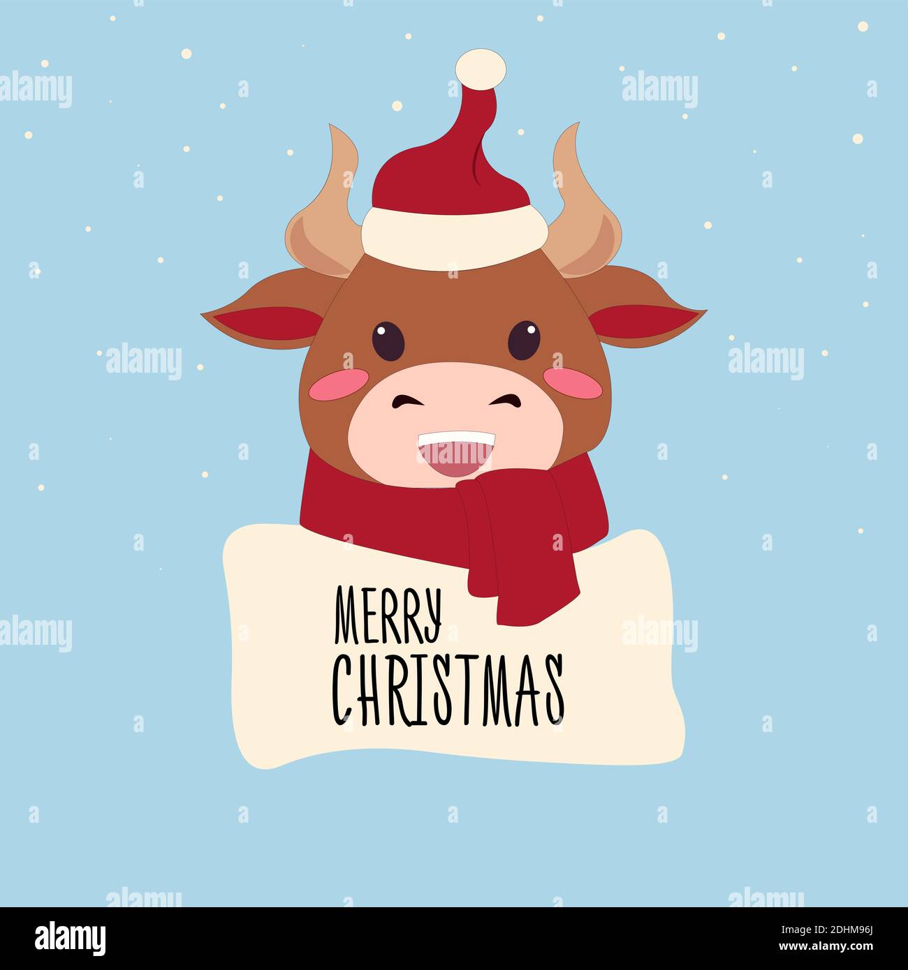 Vector illustration of bull on Christmas with gift. Bull with lettering Merry Christmas Stock Vector