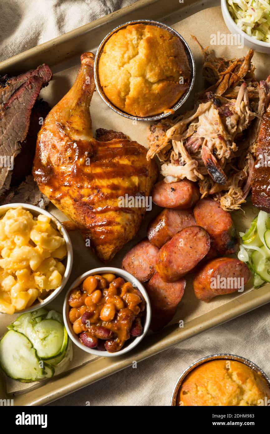 Homemade Barbecue Platter with Ribs Chicken Brisket and Pulled Pork