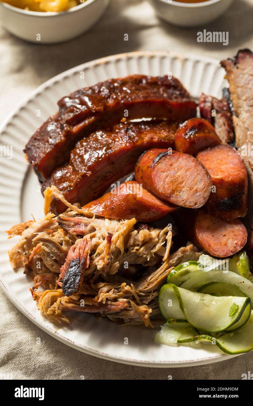 Homemade Barbecue Platter with Ribs Chicken Brisket and Pulled Pork