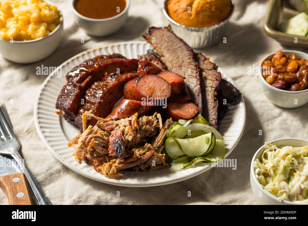Homemade Barbecue Platter with Ribs Chicken Brisket and Pulled Pork