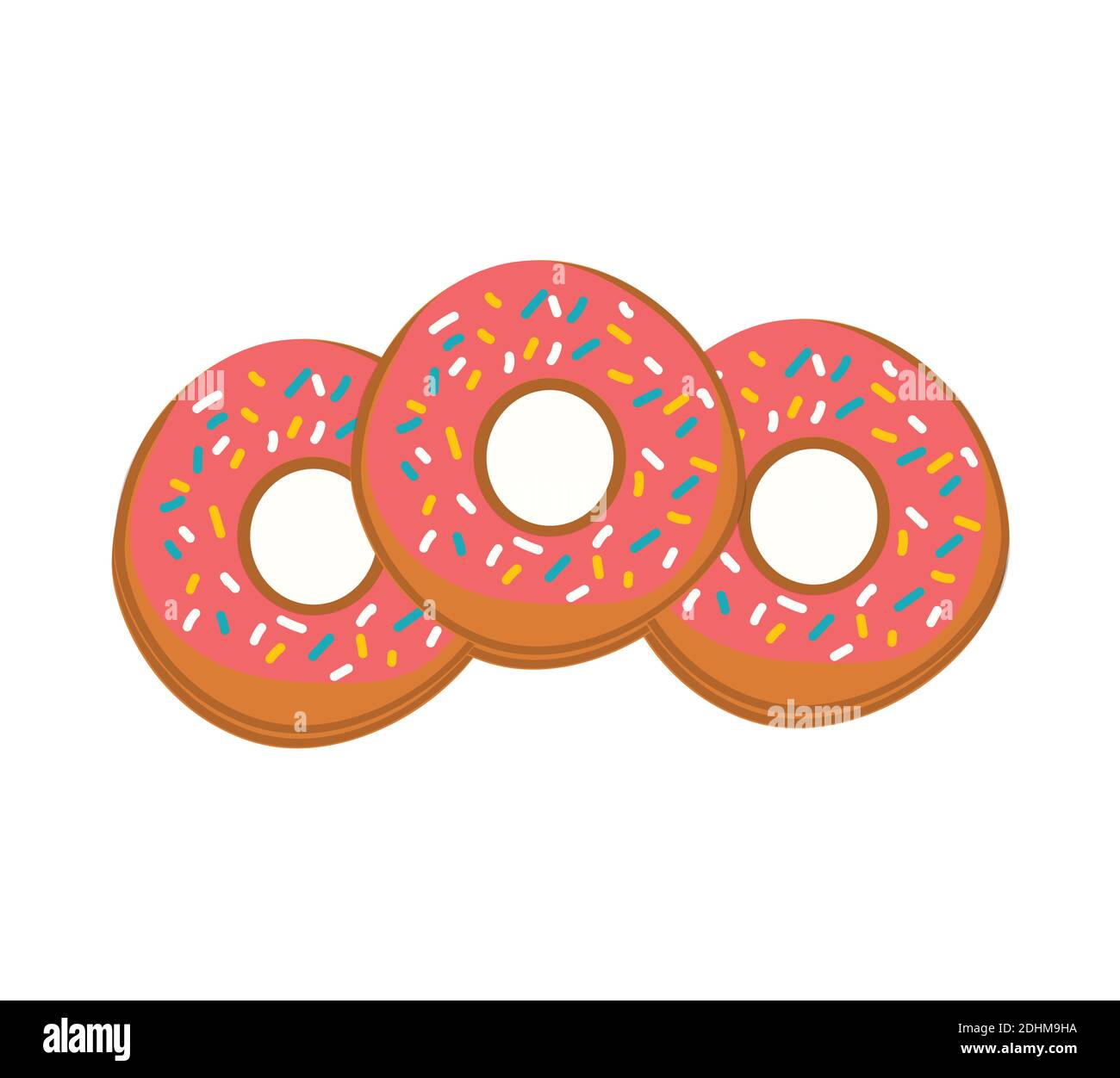 Three Delicious Strawberry Doughnut on White Background. Stock Vector