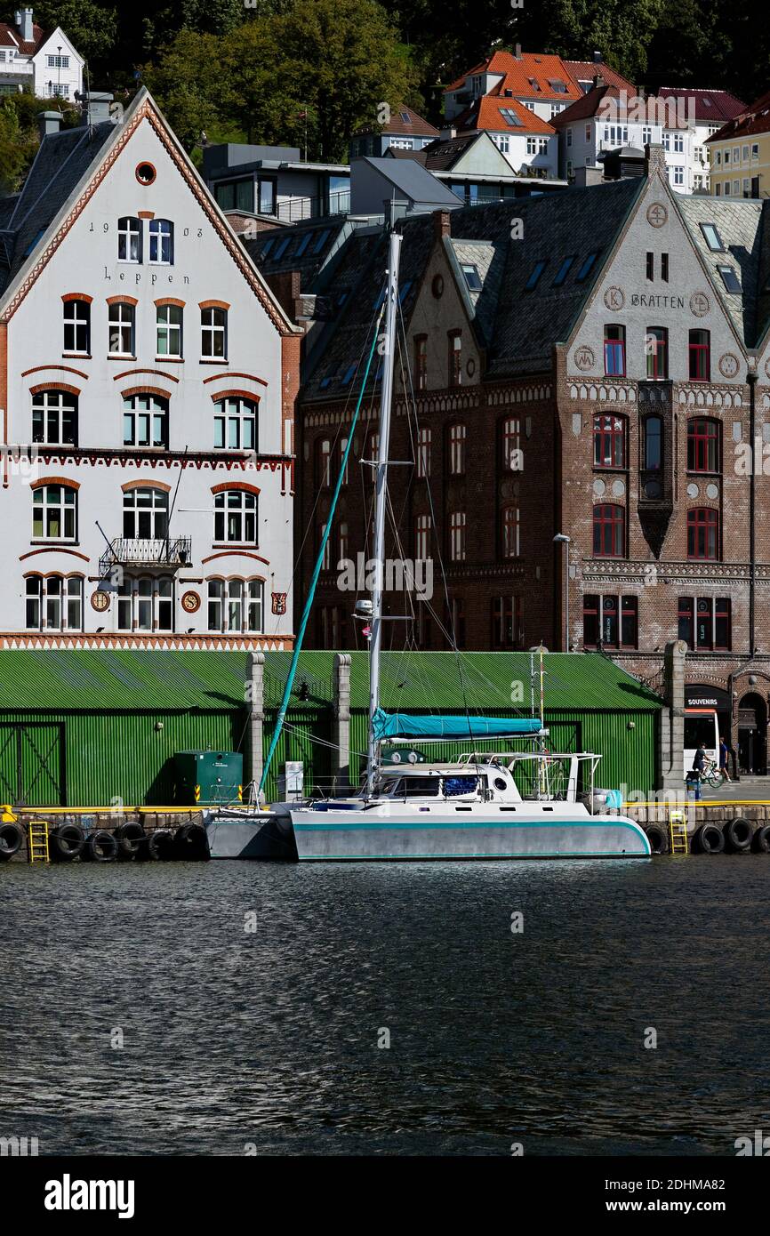 Sailing vessel, catamaran Mandala Solo Sailor at Bryggen quay in the port of Bergen, Norway Stock Photo