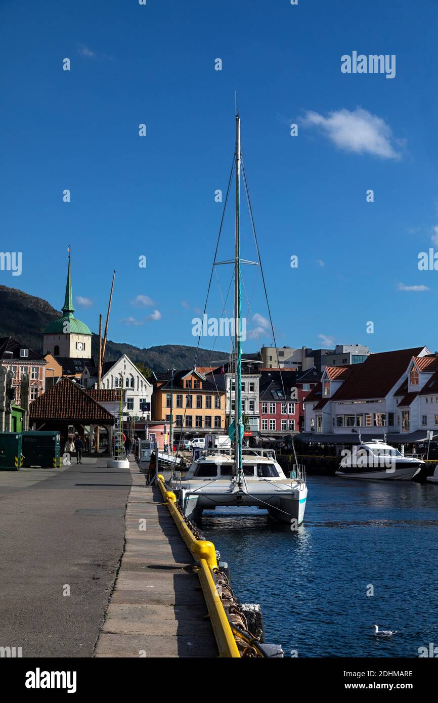Sailing vessel, catamaran Mandala Solo Sailor at Bryggen quay in the port of Bergen, Norway Stock Photo