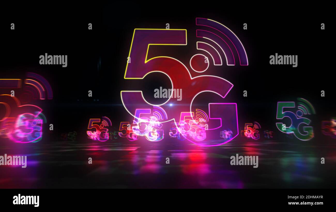 5g mobile telecommunication neon, communication technology, wireless internet and phone network light icon  concept. Flight in hyperspace. Abstract 3d Stock Photo
