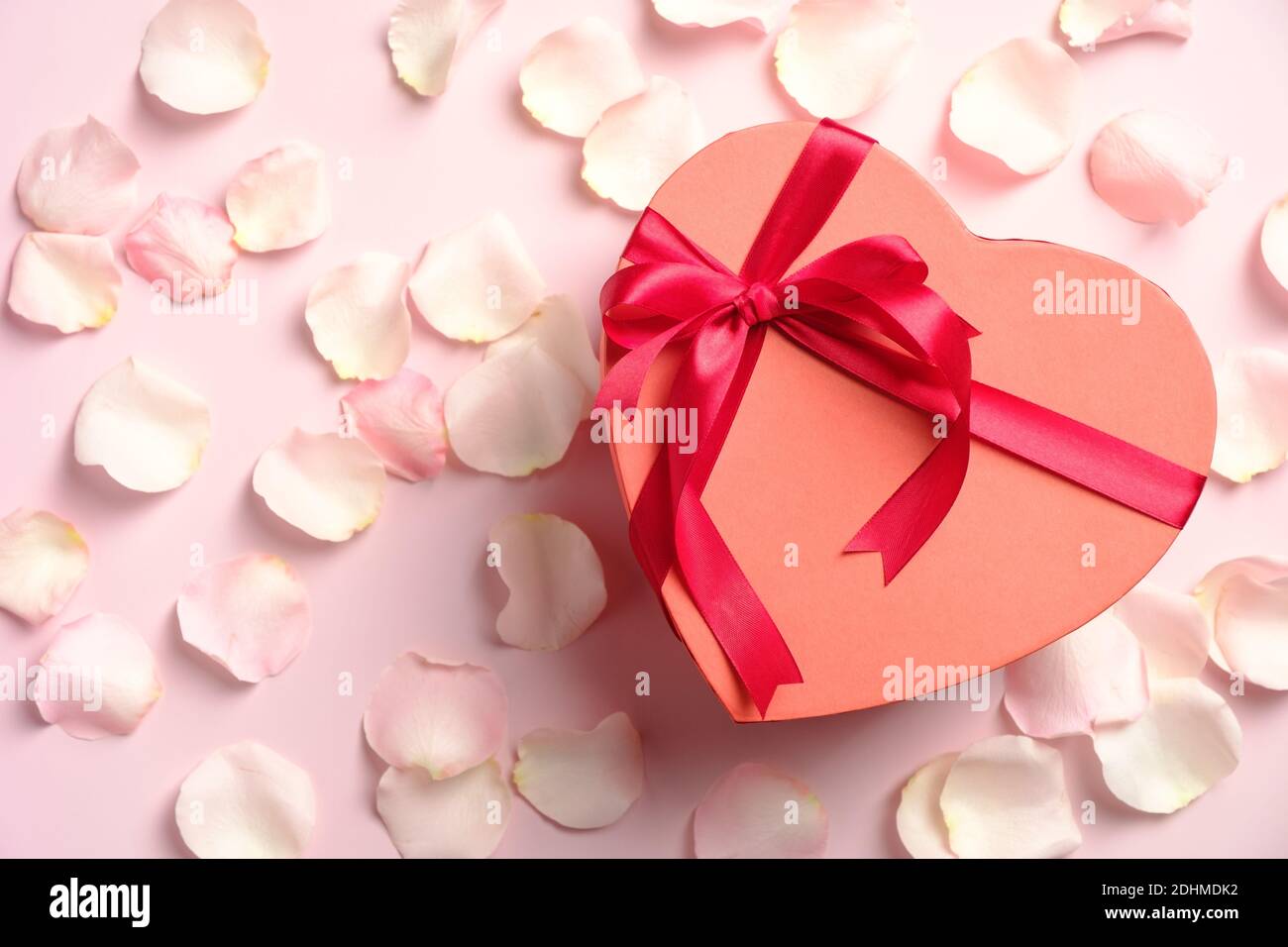 Heart shaped box with red ribbon bow and white roses petals on pink ...