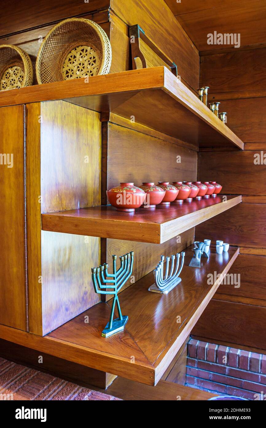 Alabama Florence Rosenbaum House Frank Lloyd Wright Usonian design,built 1939 cypress glass brick inside interior shelves, Stock Photo