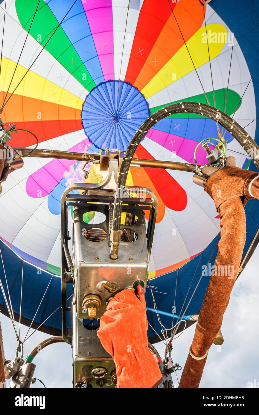 Alabama Decatur Alabama Jubilee Hot Air Balloon Classic,balloons annual event view from gondola gloved hand burner flame, Stock Photo