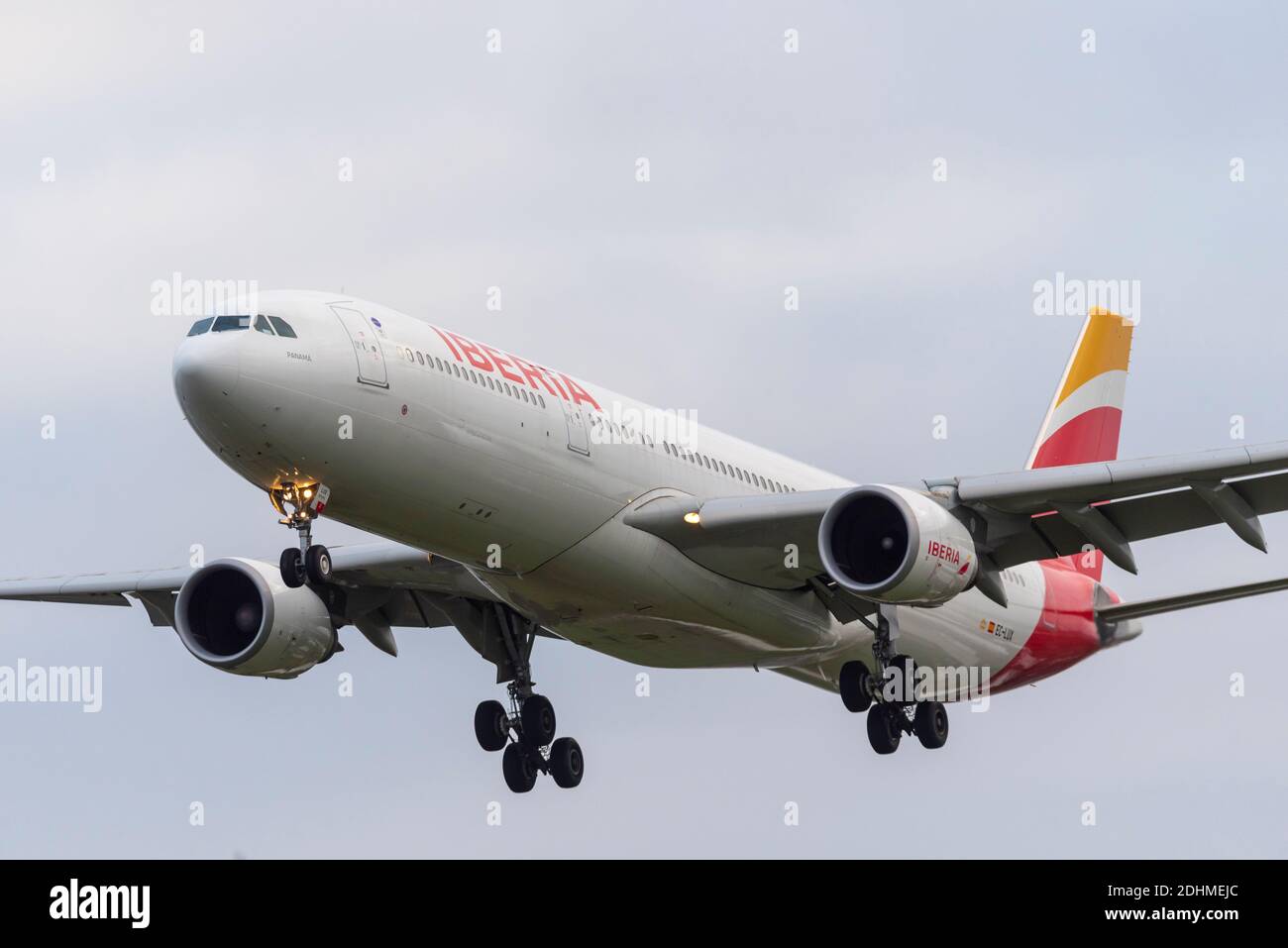Iberia Airbus A330 jet airliner plane EC-LUX landing at London Heathrow Airport, UK. International Airlines Group, IAG, owned Spanish airline Stock Photo