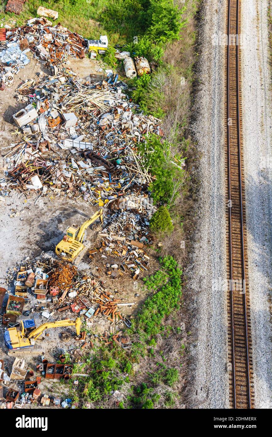 Alabama Decatur junkyard recycled recycling trash salvage aerial view,railroad tracks, Stock Photo