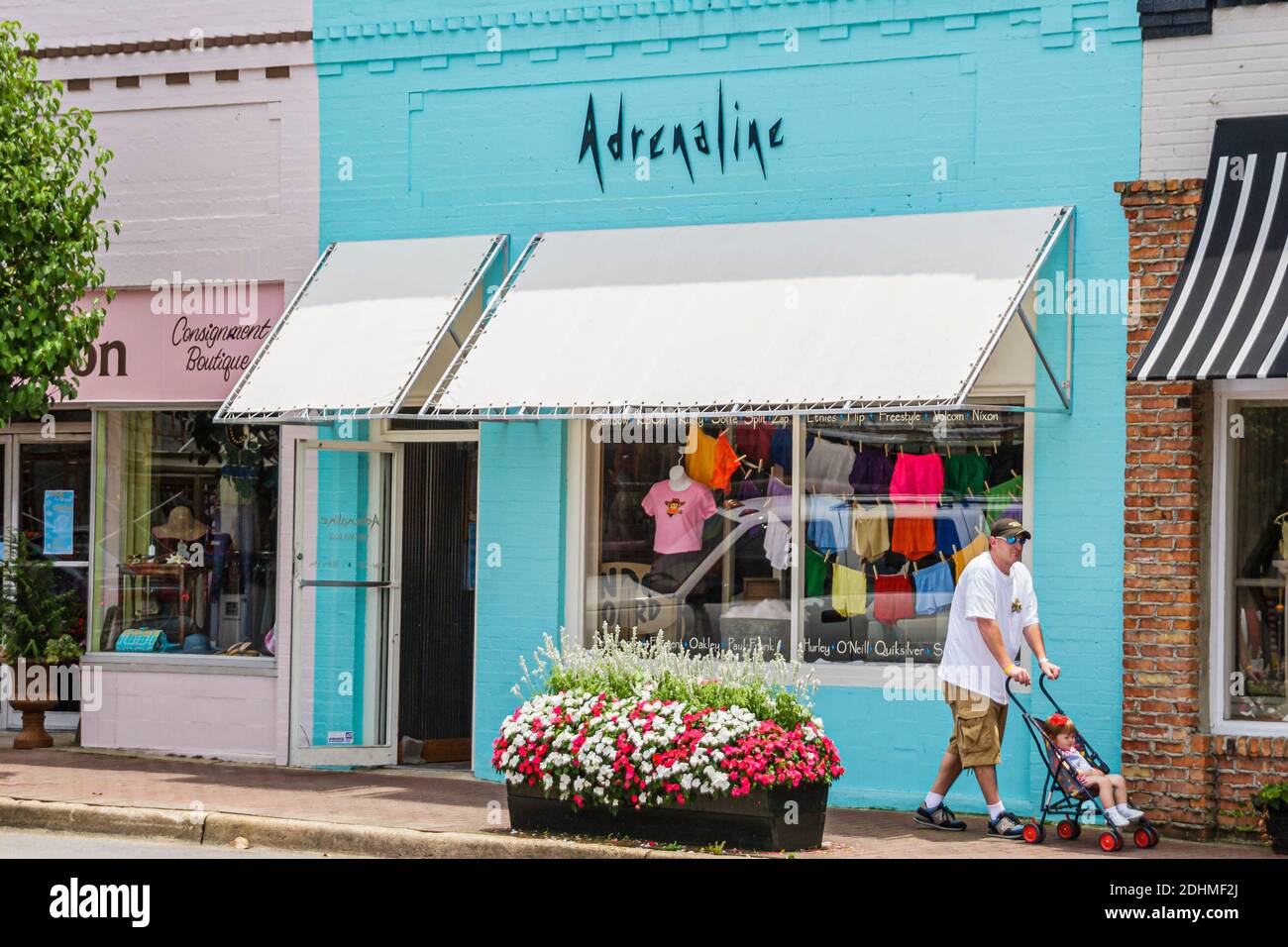Alabama Fairhope shopping Adrenaline Boutique clothing store front entrance, Stock Photo