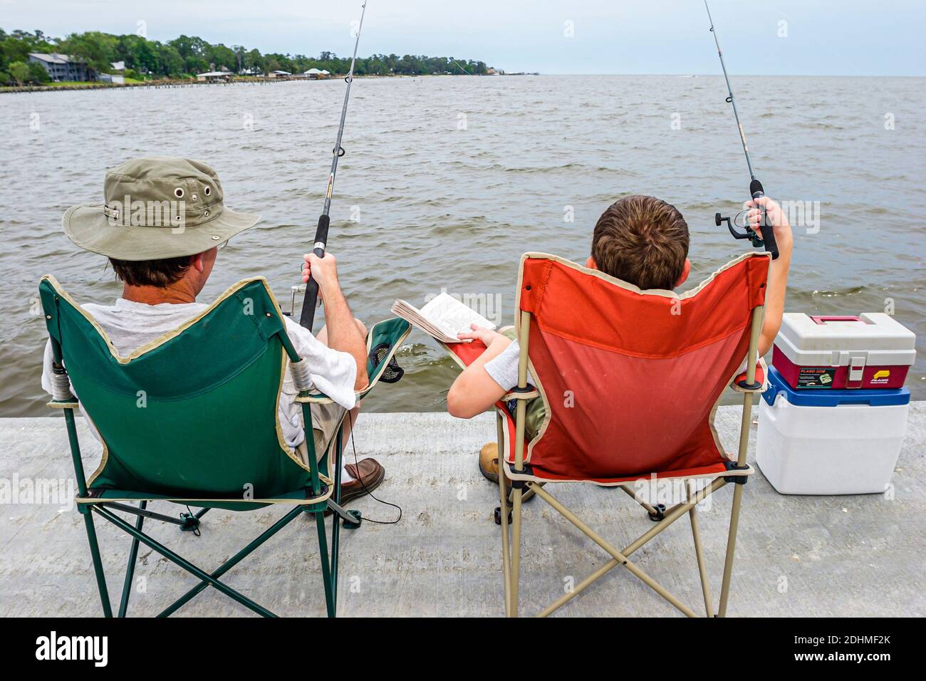 Alabama Fairhope Municipal Park Pier Mobile Bay,father son fishing relaxing, Stock Photo
