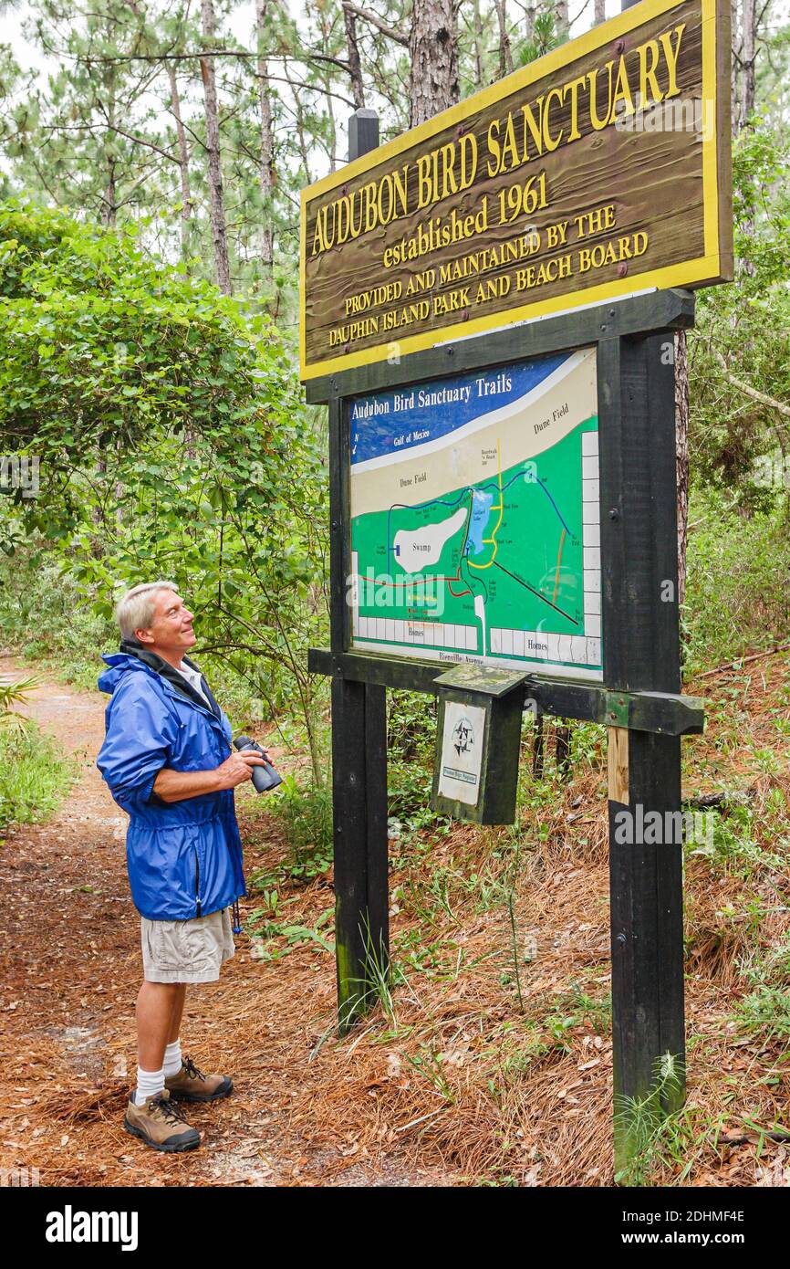 Alabama Dauphin Island Audubon Bird Sanctuary,man birder sign information, Stock Photo