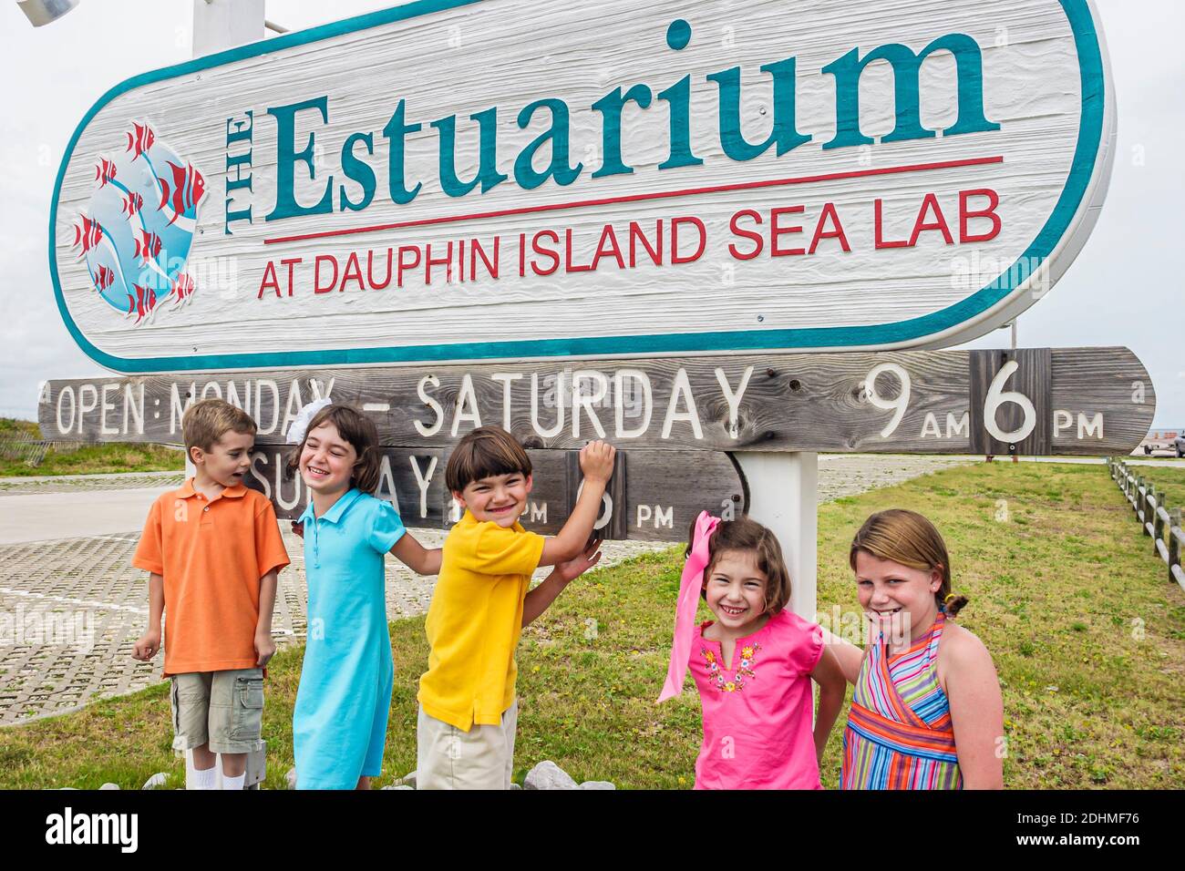 Alabama Dauphin Island Sea Lab Estuarium public aquarium,outside kids boys girls entrance sign, Stock Photo
