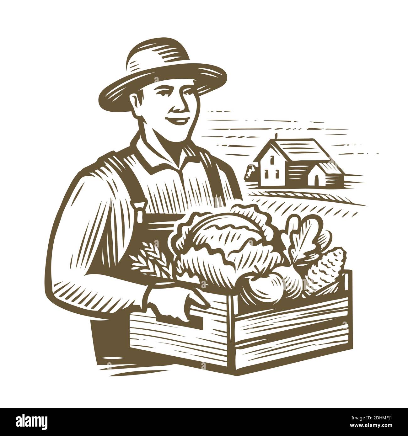 Farmer holding wooden box full vegetables. Farm, agriculture vintage vector illustration Stock Vector