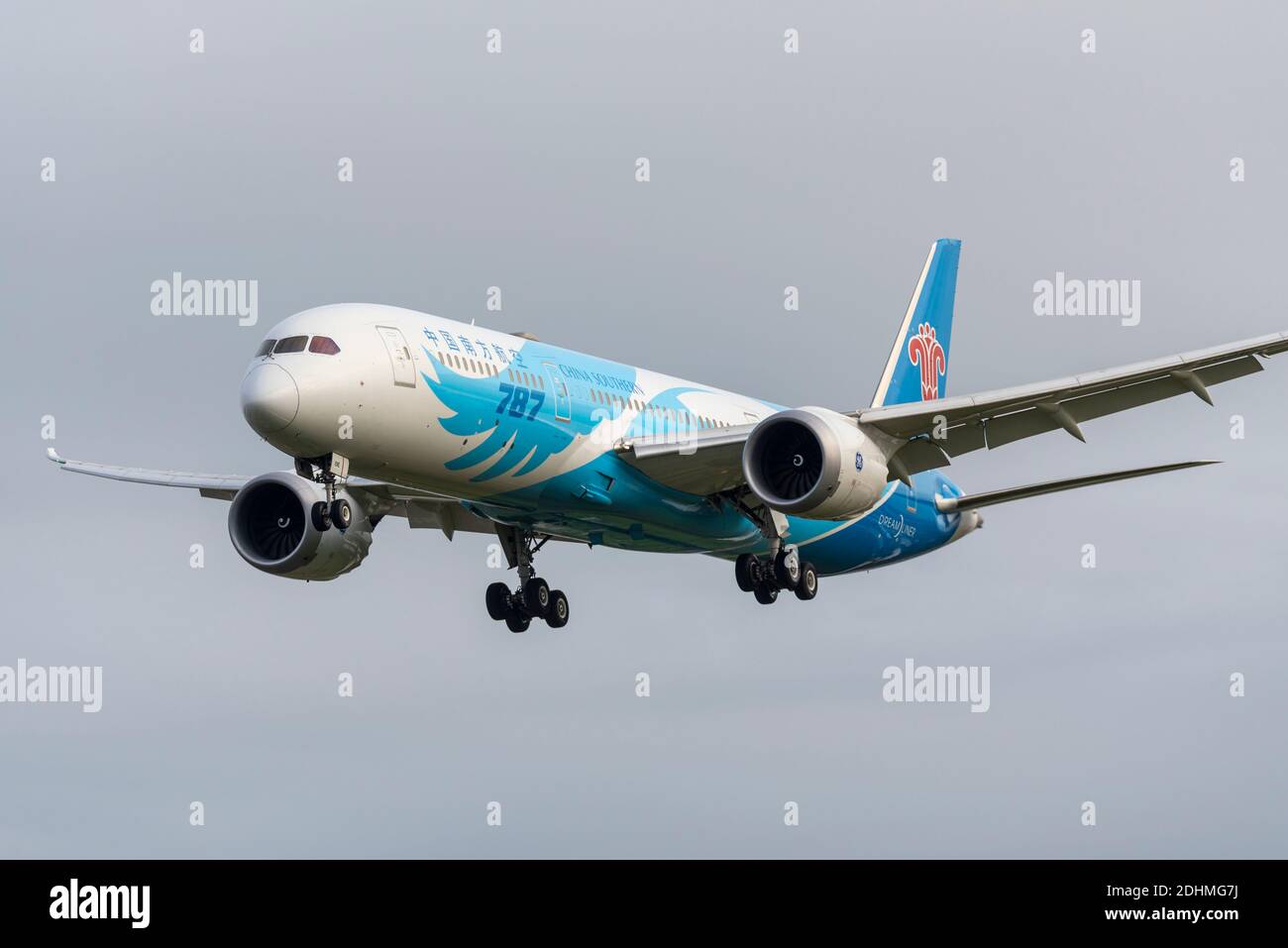 China Southern Airlines Boeing 787 Dreamliner jet airliner plane B-209E landing at London Heathrow Airport, UK. Chinese airline using American plane Stock Photo