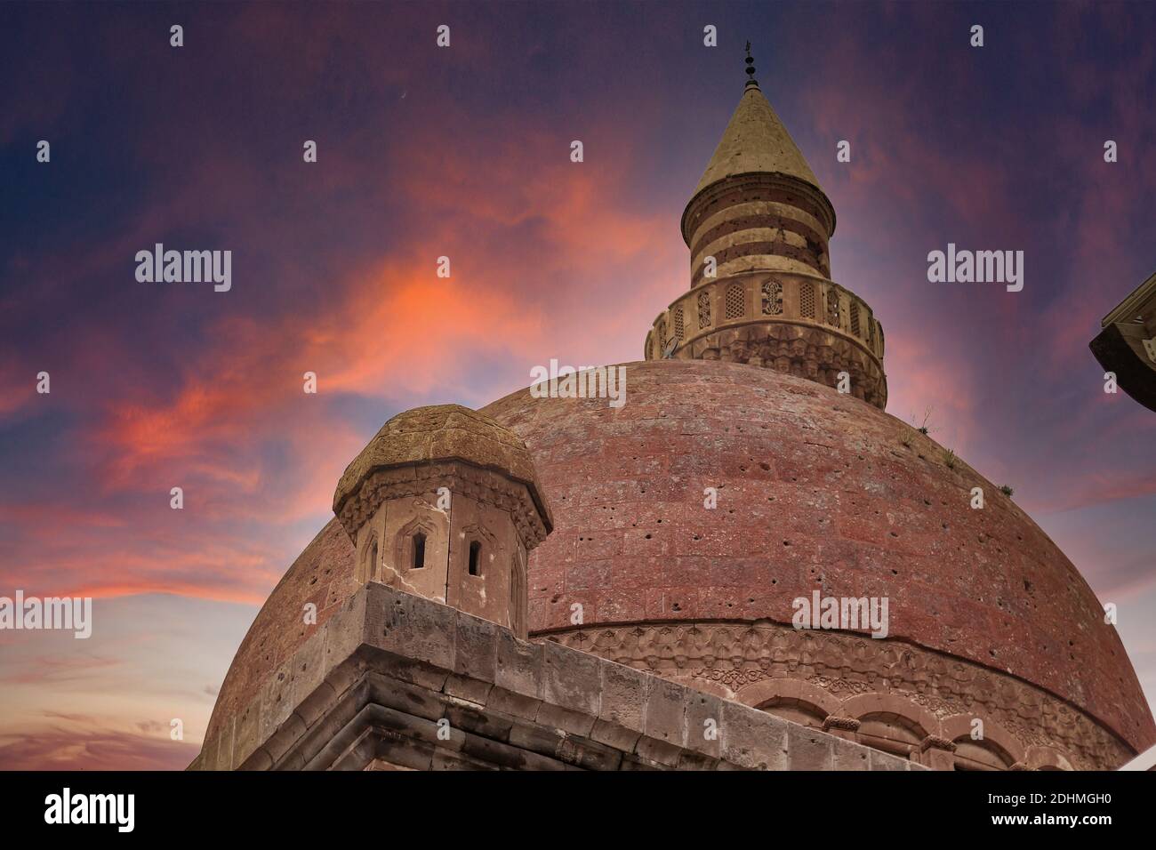 Agri, Turkey - May 2018: The minaret of Ishak Pasha Palace near Dogubayazit in Eastern Turkey. Beautiful brown mosque in the middle east. Different v Stock Photo