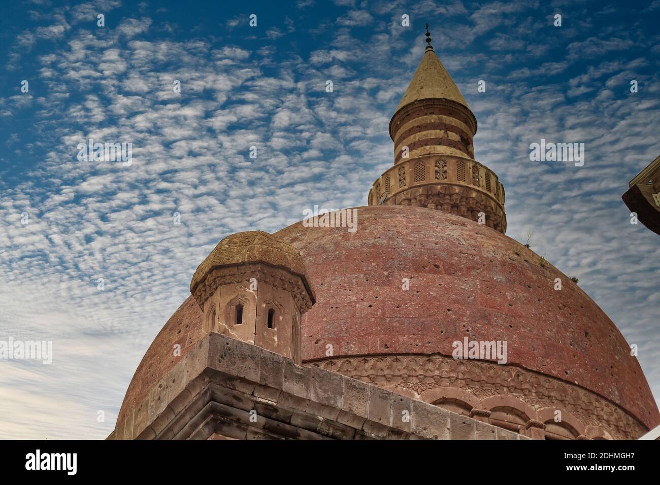 Agri, Turkey - May 2018: The minaret of Ishak Pasha Palace near Dogubayazit in Eastern Turkey. Beautiful brown mosque in the middle east. Different v Stock Photo