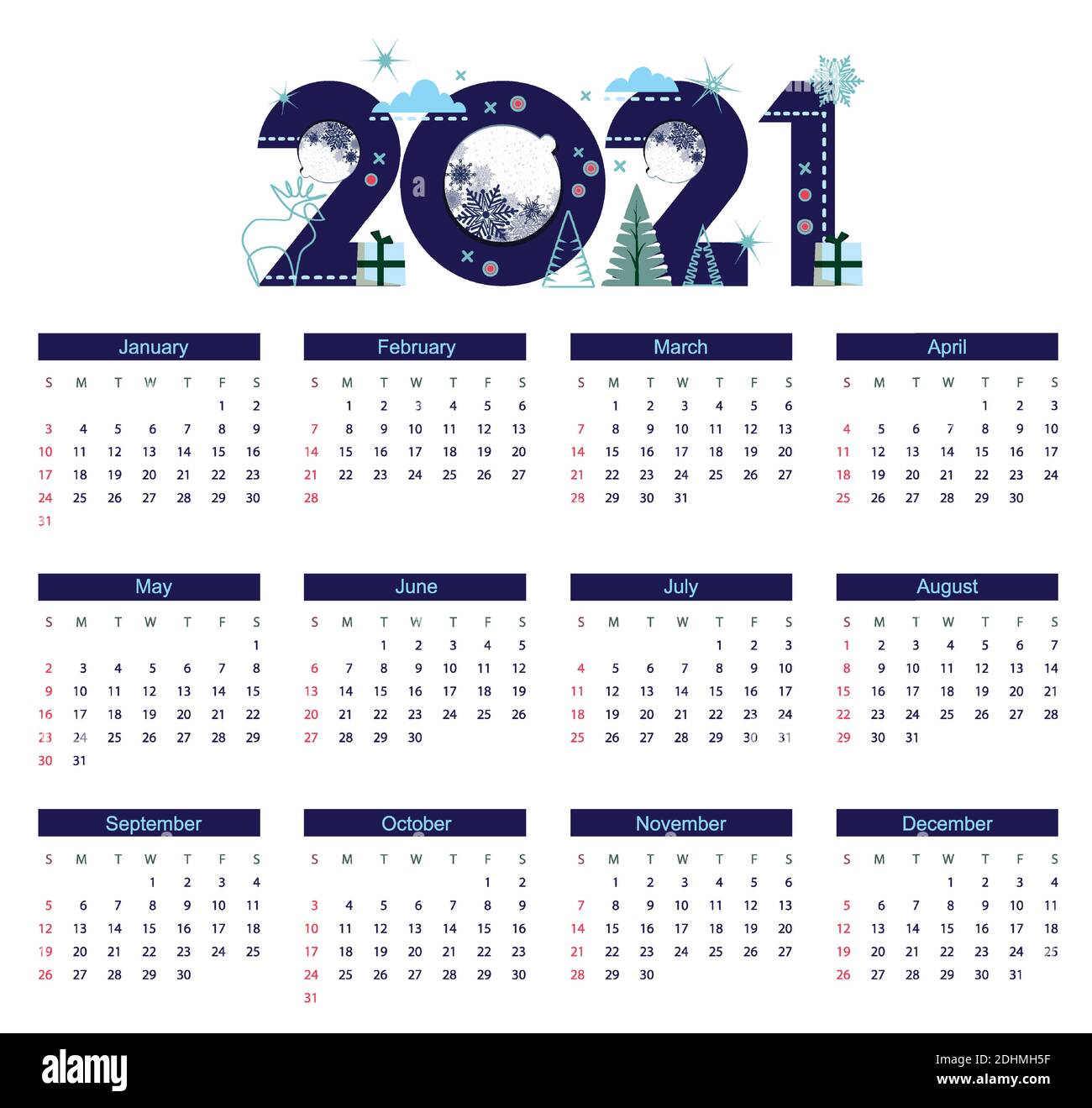 Calendar for 2021. Large text caption 2021 in flat design style with stylized icons of deer, gifts and christmas balls.  Stock Vector