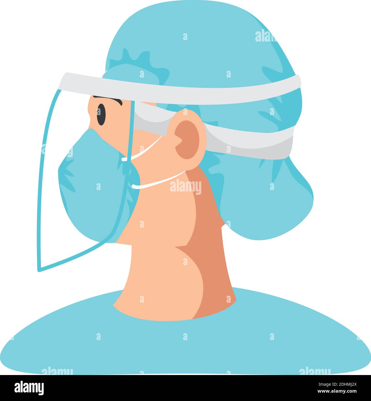medical staff character with protective cover hair, shield mask and