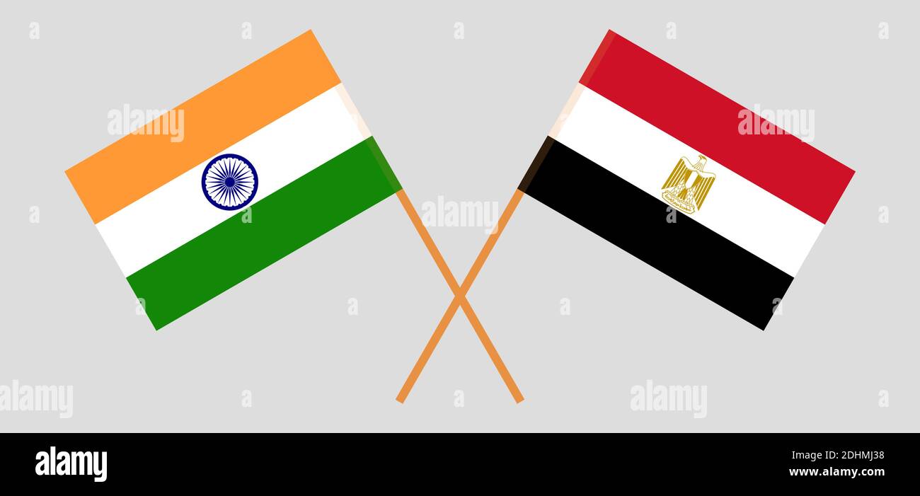 Crossed flags of Egypt and India. Official colors. Correct proportion. Vector illustration Stock Vector