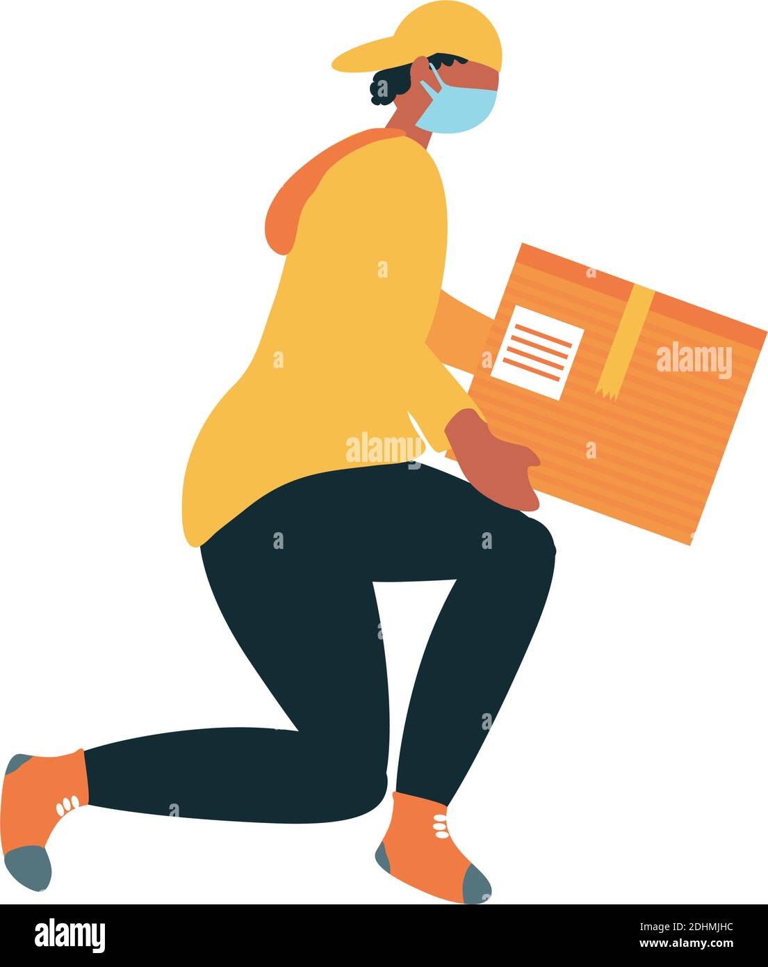 Worker Man With Face Mask Holding A Cardboard Box Ready To Delivery Vector Illustration Stock Vector Image Art Alamy