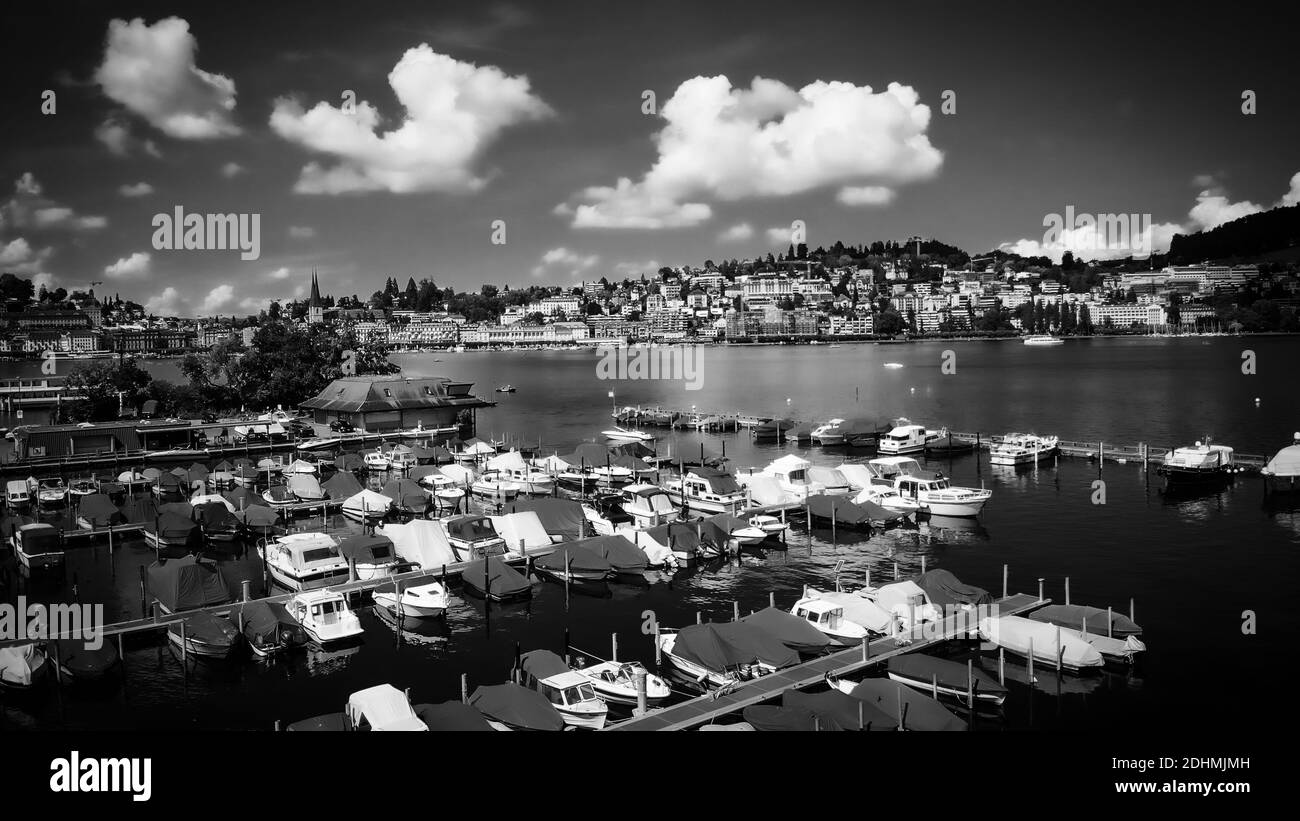 Marina in the City of Lucerne Switzerland Lake Lucerne aerial in black and white Stock Photo