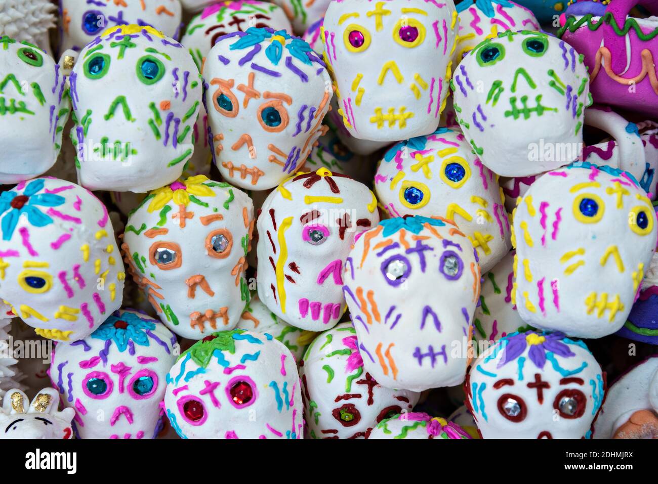 Sugar skulls on sale for the Day of the Dead or Día de Muertos festival October 29, 2017 in San Miguel de Allende, Guanajuato, Mexico. The festival has been celebrated since the Aztec empire celebrates ancestors and deceased loved ones. Stock Photo