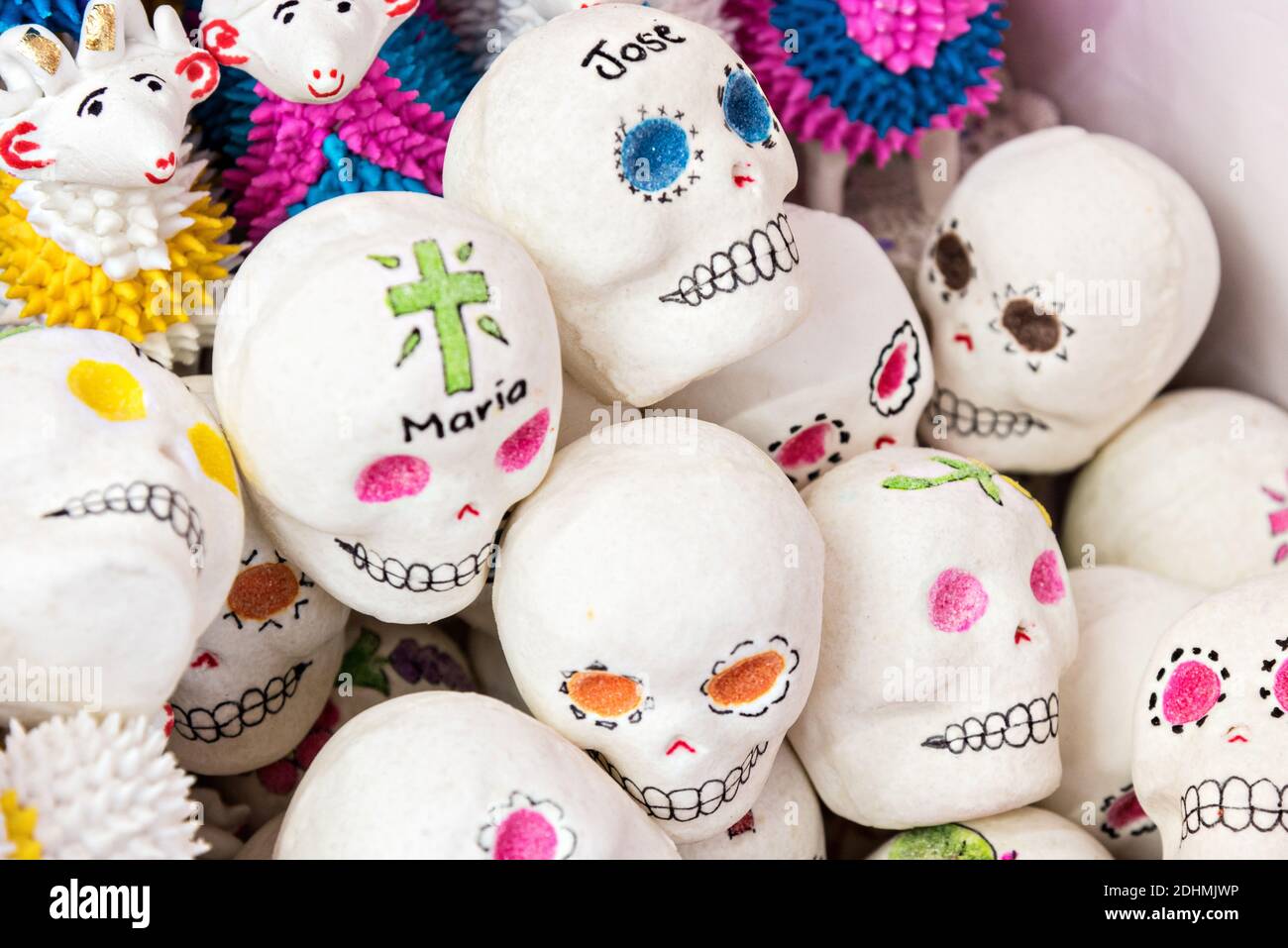 Sugar skulls on sale for the Day of the Dead or Día de Muertos festival October 29, 2017 in San Miguel de Allende, Guanajuato, Mexico. The festival has been celebrated since the Aztec empire celebrates ancestors and deceased loved ones. Stock Photo