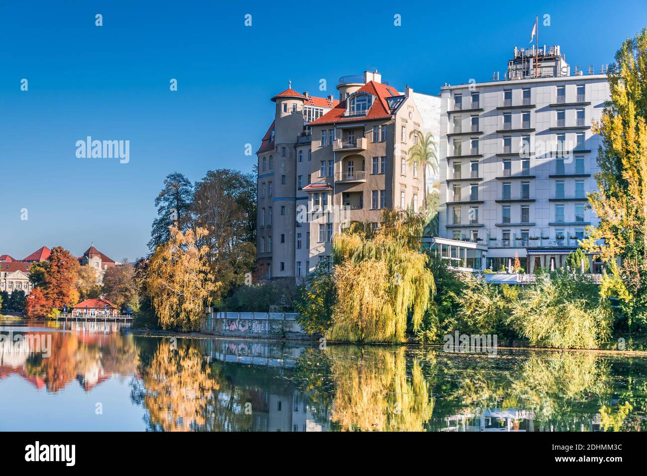 Berlin, Germany - November 7, 2020: Shore of Lake Lietzen with buildings of Bootshaus Stella, Pension Kammern am See and Ringhotel Seehof Stock Photo