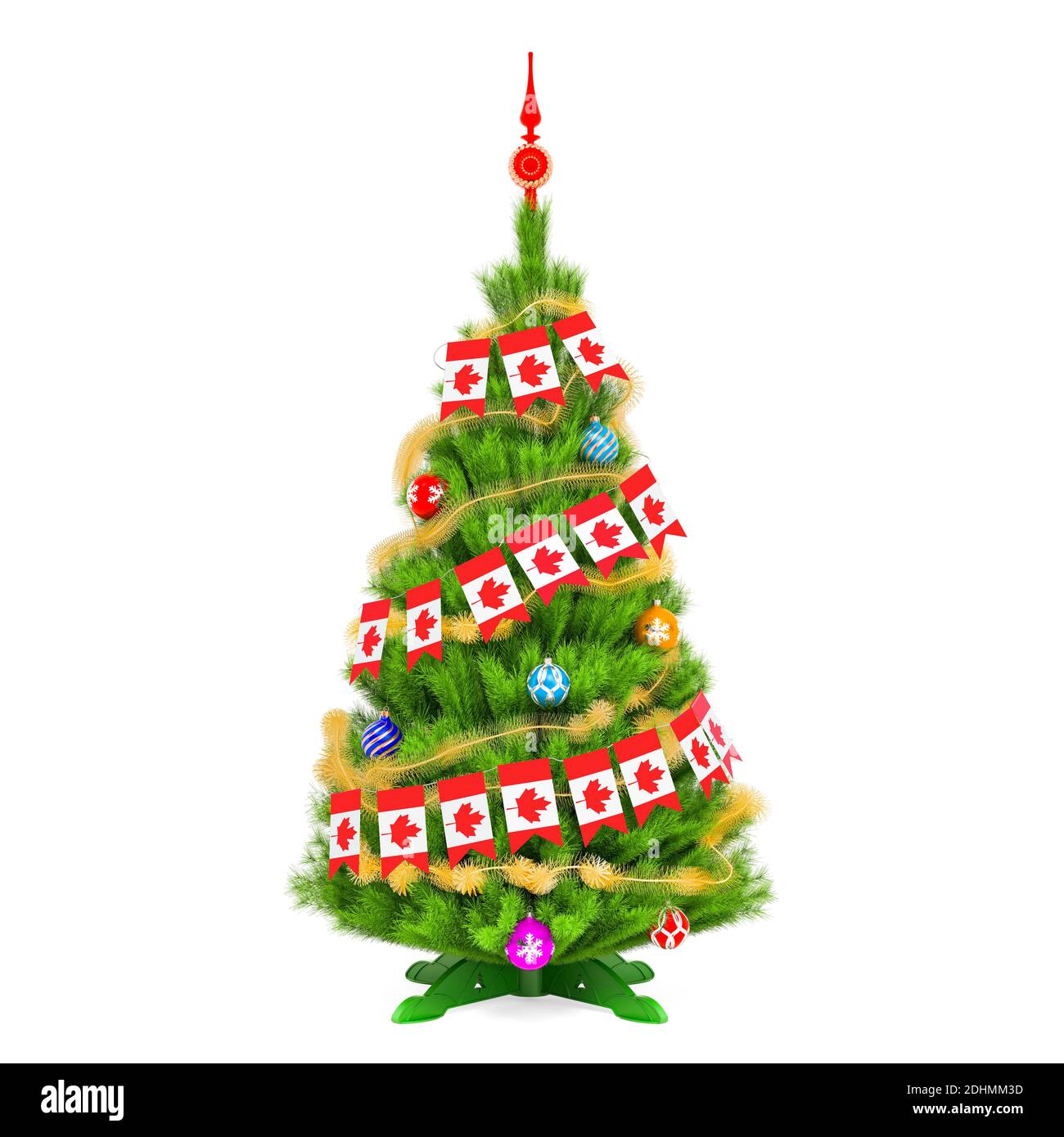 Christmas tree with Canadian Xmas pennant flags, 3D rendering isolated