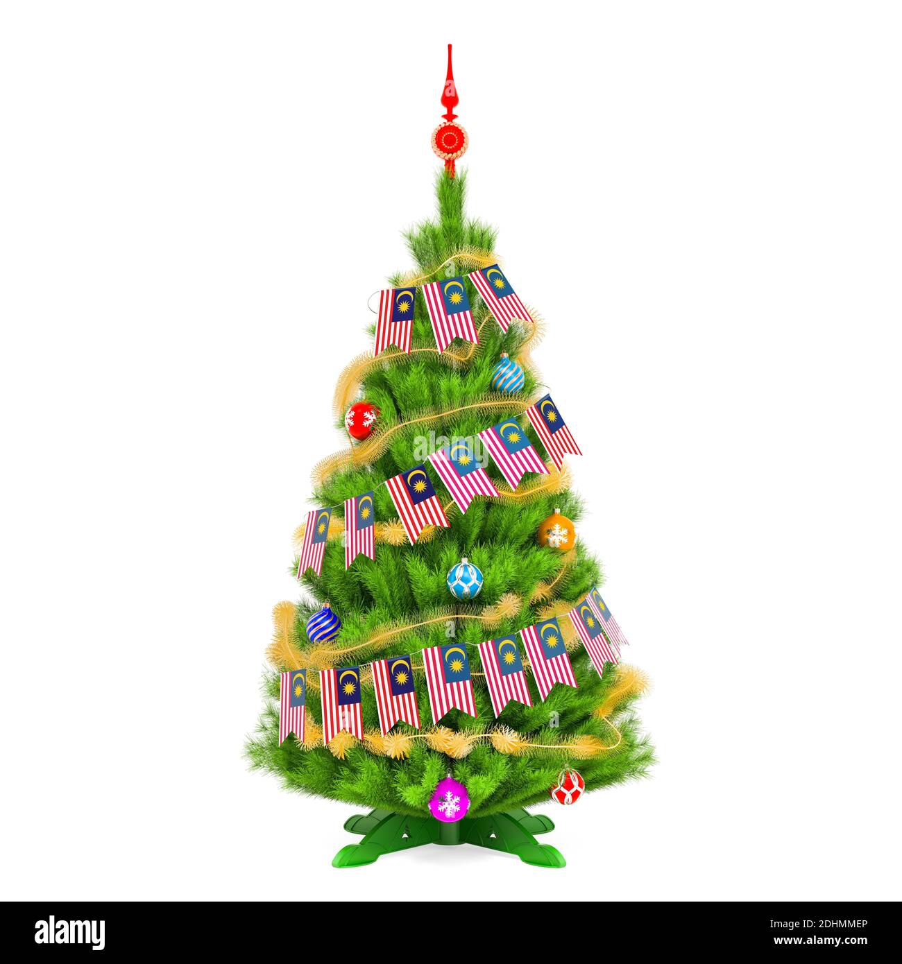 Christmas tree with Malaysian Xmas pennant flags, 3D rendering isolated