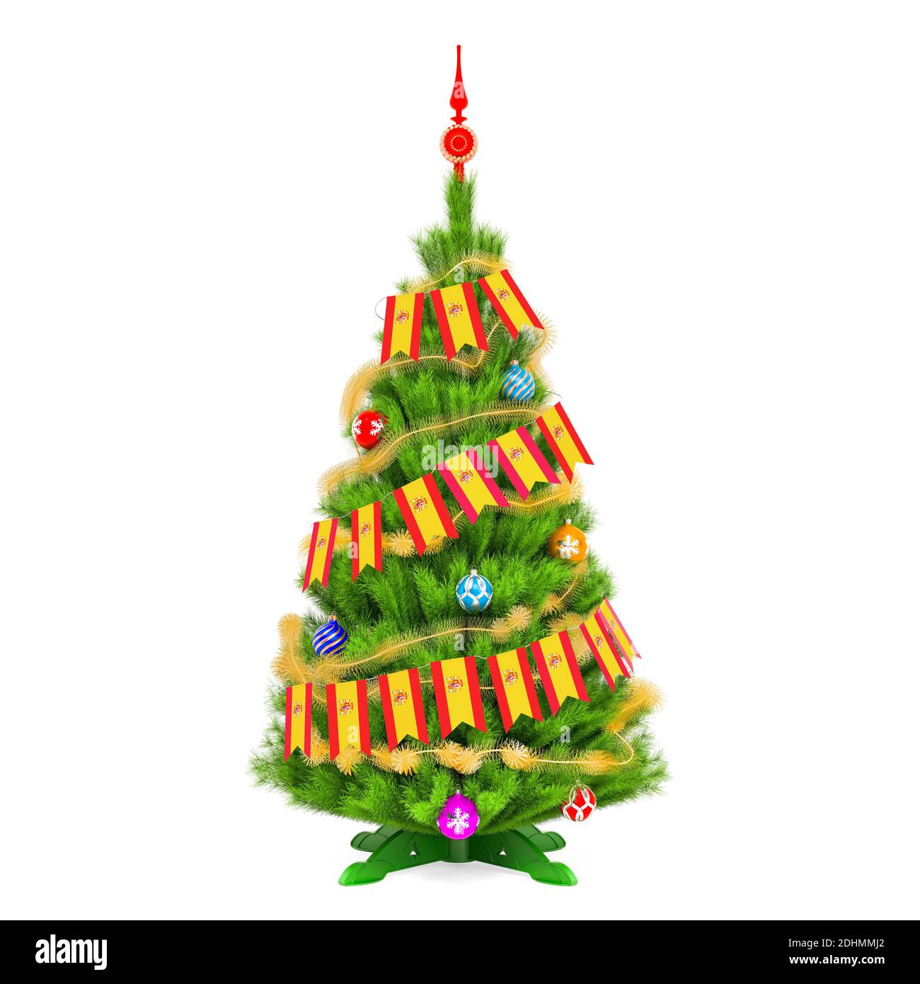 Christmas tree with Spanish Xmas pennant flags, 3D rendering isolated on white background Stock Photo