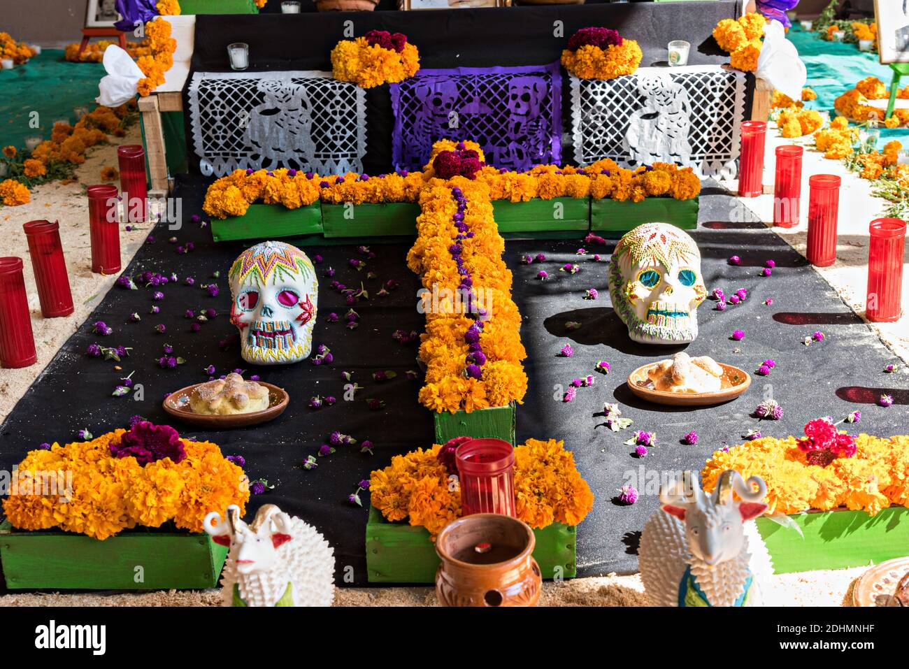 Traditional decorations on a Day of the Dead or Día de Muertos altar ...